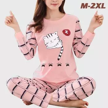 Женский пижамный комплект из двух предметов с мультяшным котом и принтом, одежда для сна с длинными рукавами M
