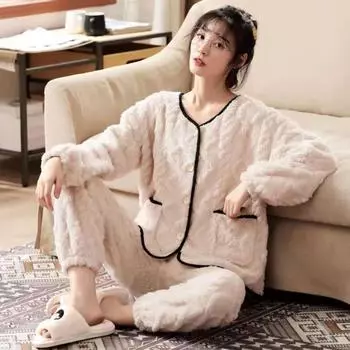 Женский пижамный комплект из фланелевой жаккардовой ткани - новый стиль, удобная домашняя одежда из хлопкового бархата XL