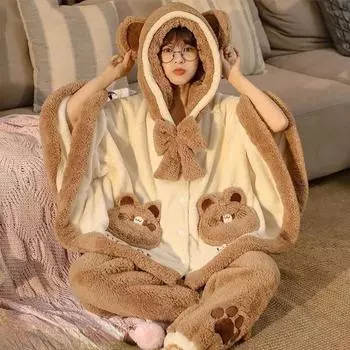 Женский пижамный комплект из флиса, зимняя теплая свободная женская пижама, плащ и штаны с капюшоном, толстый мультяшный милый пижамный костюм для женщин M