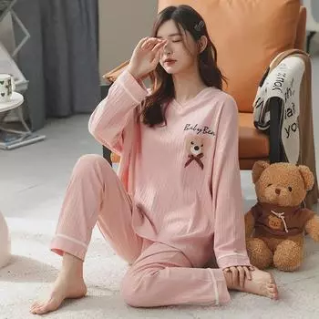 «Женский пижамный комплект из хлопка с V-образным вырезом — длинный рукав, однотонный, принт с медведем, свободный крой, весна/осень»