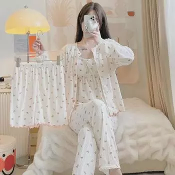 Женский пижамный комплект из хлопка в полоску: Топы с длинными рукавами и на бретелях с брюками, четыре предмета (Весна, Осень, Лето). M