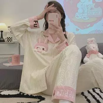 Женский пижамный комплект из хлопкового жаккарда с кардиганом с лацканами и брюками с длинными рукавами на весну и осень L