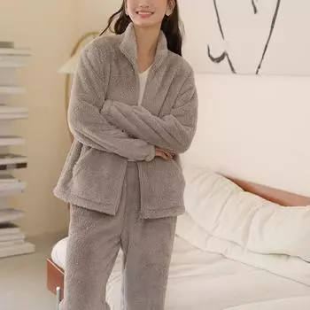 Женский пижамный комплект из кораллового флиса на молнии, зимняя пижама с длинным рукавом, 2 предмета с брюками, удобная домашняя одежда для женщин M фиолетовый