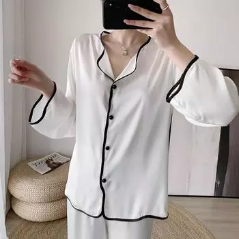 Женский пижамный комплект из ледяного шелка, пижамный костюм с длинными рукавами M чёрный