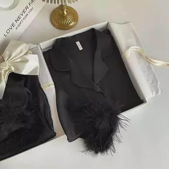 Женский пижамный комплект из ледяного шелка: Стильный и удобный комплект из двух частей с длинными рукавами и брюками. L чёрный