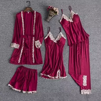 Женский пижамный комплект из пяти предметов Ice Silk: Ночная рубашка на весну, лето и осень с подтяжками и нагрудной накладкой – можно носить на открытом воздухе M (40-50 kg)