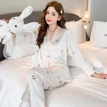 Женский пижамный комплект из шелка Ice Silk на весну и осень, женская летняя тонкая домашняя одежда с рисунком из двух предметов, длинные рукава, длинные брюки, домашняя одежда M