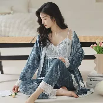 Женский пижамный комплект из золотистого бархата — V-образный вырез, длинный рукав, сексуальное кружево, костюм-тройка для осени/зимы. M