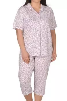 Женский пижамный комплект капри на пуговицах с короткими рукавами, лайкра больших размеров