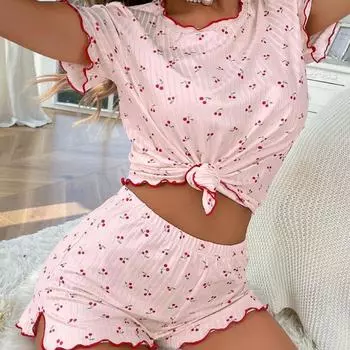 Женский пижамный комплект Kawaii с короткими рукавами, оборками и принтом вишни и шортами на резинке на талии, комплект из 2 предметов, одежда для дома S
