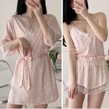 Женский пижамный комплект, летнее шелковое кимоно, халат с леопардовым принтом, комплект из 3 предметов для сна, шорты, кружевная пижама M