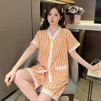 Женский пижамный комплект, летняя новая эластичная пижама с V-образным вырезом и шортами для сна, комплект из 2 предметов, очень большой размер M