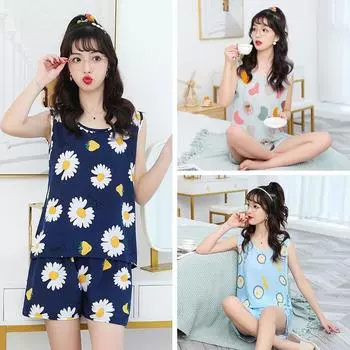 Женский пижамный комплект, летняя сексуальная одежда для сна, нижнее белье без рукавов, хлопковый жилет с круглым вырезом + шорты с принтом, комплекты из 2 предметов 4XL L белый/тёмно-синий