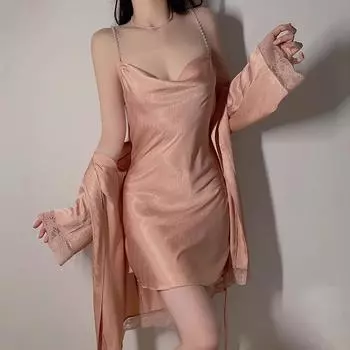 Женский пижамный комплект, модное платье с открытой спиной, однотонное шелковое платье с жемчужными подвязками, женский пижамный халат M