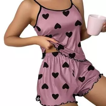Женский пижамный комплект на бретельках без рукавов с принтом в виде сердца и шортами с оборками, комплект из двух предметов для сна, летний домашний костюм XL фиолетовый