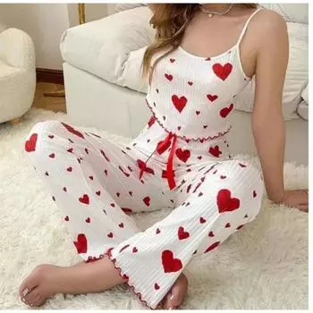 Женский пижамный комплект, одежда для сна, 2 шт., брюки, майки и брюки, белый, вентилируемый, мягкий, повседневный, красный, с принтом любви, одежда для сна, продажа S