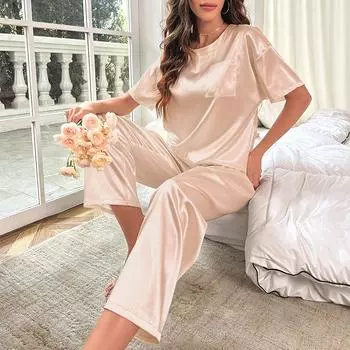 Женский пижамный комплект, одежда для сна, весна-лето, одежда для сна, розовый шелковый атлас, топ с короткими рукавами, шорты, повседневная женская пижама из 2 предметов, домашняя одежда S чёрный