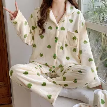 Женский пижамный комплект осень-зима коралловый флисовый кардиган с длинными рукавами пижамные комплекты женские с принтом Sweet Love флисовая фланелевая одежда для сна одежда для дома M зелёный