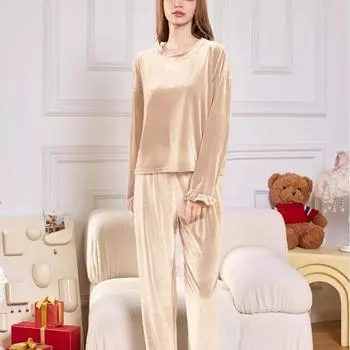 Женский пижамный комплект осень-зима золотой бархат длинные рукава длинные брюки домашняя одежда можно носить на улице мягкий удобный S