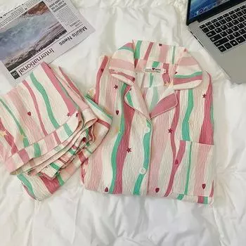 Женский пижамный комплект Осенняя пижама Пижамный комплект Ночные рубашки Повседневный удобный топ на пуговицах и брюки L