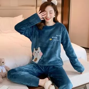 Женский пижамный комплект, пижама с накладным карманом, зимняя теплая женская плюшевая повседневная пижама M синий