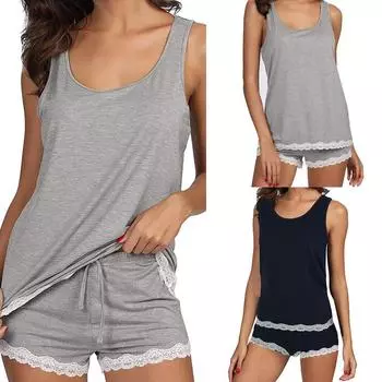 Женский пижамный комплект, полосатые комплекты пижамы без рукавов, бамбуковая майка и шорты L чёрный