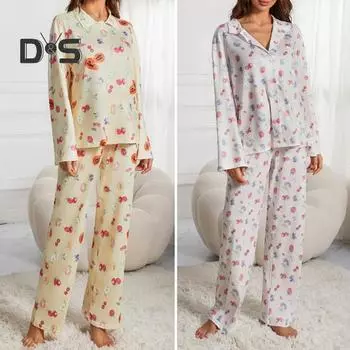 Женский пижамный комплект, повседневный комплект одежды из двух предметов, топ с длинными рукавами, широкие брюки, одежда для дома, одежда для домашних вечеринок на открытом воздухе S белый