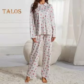 Женский пижамный комплект, повседневный комплект одежды из двух предметов, топ с длинными рукавами, широкие брюки, одежда для дома, одежда для домашних вечеринок на открытом воздухе S белый