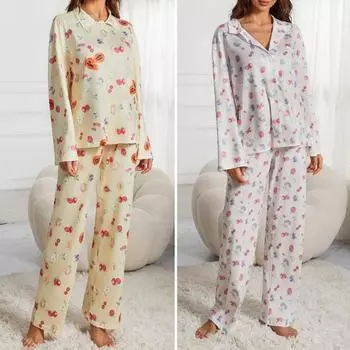 Женский пижамный комплект, повседневный комплект одежды из двух предметов, топ с длинными рукавами, широкие брюки, одежда для дома, одежда для домашних вечеринок на открытом воздухе S белый