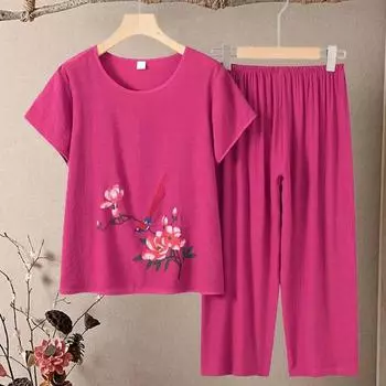 Женский пижамный комплект с цветочным принтом, летний костюм с круглым вырезом, блузки с короткими рукавами и брюками с высокой талией, повседневный спортивный костюм, женская одежда 4XL синий