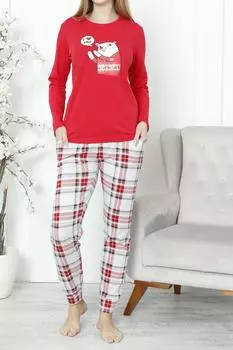 Женский пижамный комплект с длинным рукавом и карманом из лайкры и хлопка в клетку Новый год День святого Валентина