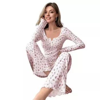Женский пижамный комплект с длинным рукавом, отделкой рюшами, V-образным вырезом, укороченный топ и брюки широкого кроя, комплект для сна, 2 предмета, с цветочным принтом S