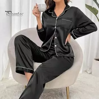 Женский пижамный комплект с длинным рукавом, застегивающимся на пуговицы, брюками с эластичной резинкой на талии, комплект домашней одежды, не раздражающая кожу пижама из искусственного шелка для дома, спальни, весна-осень M белый