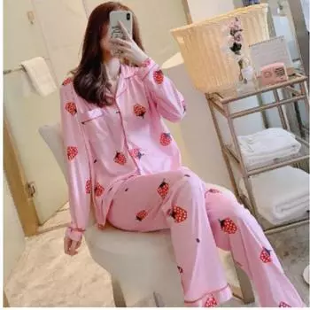 Женский пижамный комплект с длинными рукавами, брюки, ночная одежда, домашняя одежда, комплект из двух предметов, синяя, с узором «клубника», одежда для сна для студентов колледжа M розовый