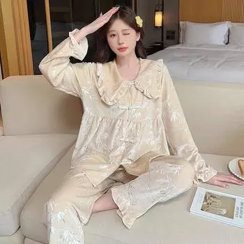 Женский пижамный комплект с длинными рукавами и длинными штанами на осень-зиму из бархата, утолщенная теплая домашняя одежда, сексуальная ночная рубашка с отворотом M