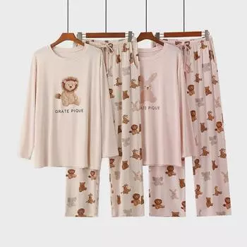 Женский пижамный комплект с длинными рукавами и рисунком льва и кролика - осенне-зимняя домашняя одежда с круглым вырезом и свободным кроем Free Size (80-145 jin)