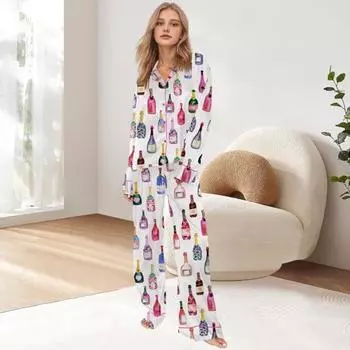 Женский пижамный комплект с изображением бутылки шампанского, рубашка с длинным рукавом и штаны, комплект одежды для сна, повседневный комплект из 2 предметов домашней одежды с принтом бокалов для вина S розовый