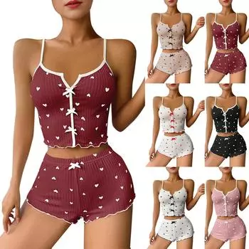 Женский пижамный комплект с контрастным принтом в форме сердца и разрезом спереди для домашней носки XL чёрный