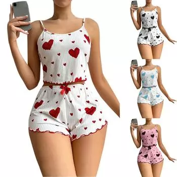 Женский пижамный комплект с контрастным принтом в форме сердца и разрезом спереди для домашней носки XL красный