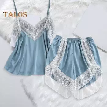 Женский пижамный комплект с кружевной отделкой, домашняя пижама с V-образным вырезом, без рукавов, топ и шорты, комплект, сексуальная пижама из ледяного шелка S темно-красного