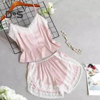 Женский пижамный комплект с кружевной отделкой, домашняя пижама с V-образным вырезом, без рукавов, топ и шорты, комплект, сексуальная пижама из ледяного шелка S розовый