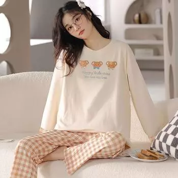 Женский пижамный комплект с мультяшным медведем: Новая коллекция весна/осень, клетчатая модель с длинными рукавами и брюками, универсальная модель для ношения в помещении и на улице. S checkered pocket long case XL