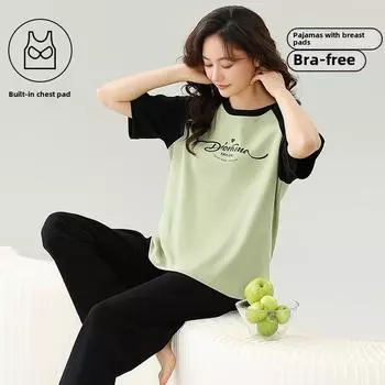 Женский пижамный комплект с нагрудником из тонкого хлопка, мягкий свободный топ с коротким рукавом и длинные брюки, комплект из двух предметов, нижнее белье, домашний костюм M