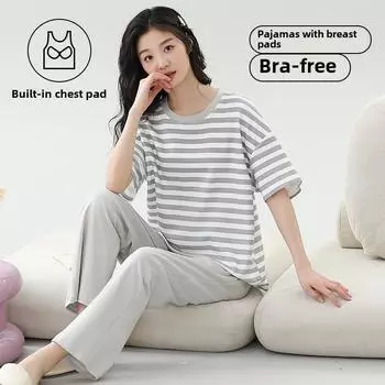 Женский пижамный комплект с нагрудником в полоску из мягкого хлопка, свободный топ с коротким рукавом и длинные брюки, две части, одежда для сна, нижнее белье, домашняя одежда M