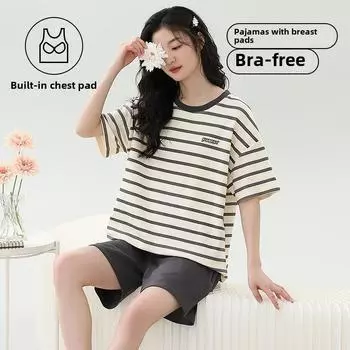 Женский пижамный комплект с нагрудной подкладкой, летняя хлопковая полосатая пижама для отдыха с эластичной резинкой на талии, пижама с коротким рукавом для девочек, домашняя одежда, ткань M