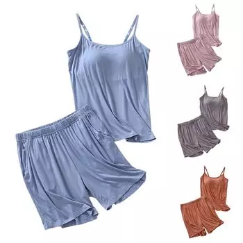 Женский пижамный комплект с нагрудной подкладкой, однотонный жилет без рукавов, короткие штаны с разрезами, комплект из двух предметов XXL синий