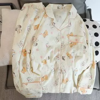 Женский пижамный комплект с осенним милым рисунком медведя, с длинными рукавами, одежда для сна из хлопка для отдыха, домашняя одежда, ночные штаны с ушками L