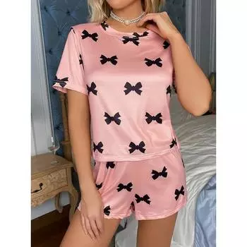 Женский пижамный комплект с принтом бантов, топ с короткими рукавами и шорты, повседневная домашняя одежда из двух предметов S розовый