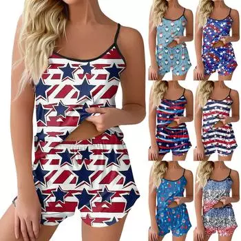 Женский пижамный комплект с принтом ко Дню независимости, топ без рукавов, шорты, одинаковые пижамы L чёрный