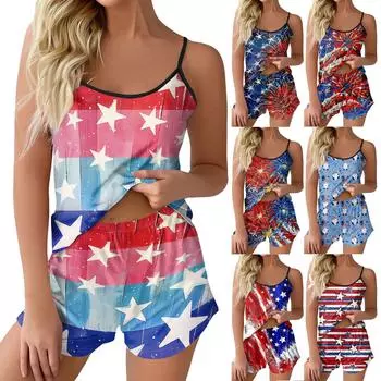 Женский пижамный комплект с принтом ко Дню независимости, топ без рукавов, шорты, одинаковые пижамы L чёрный